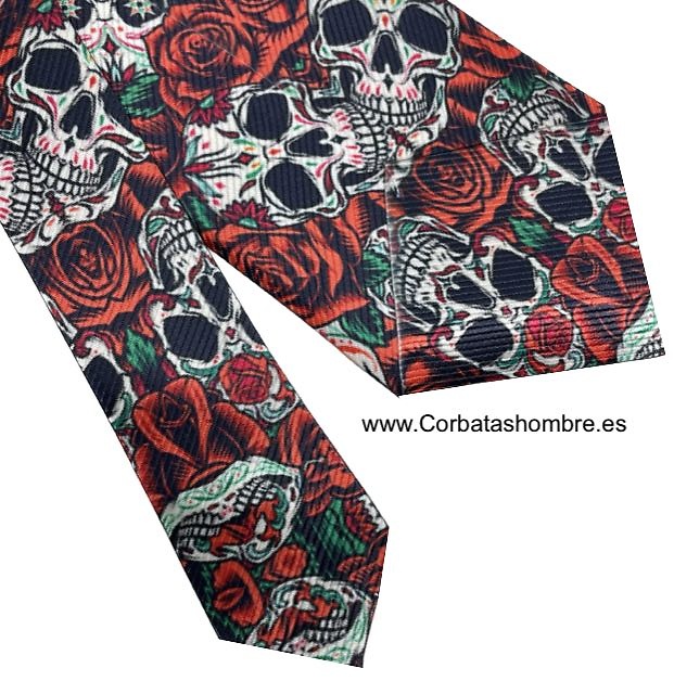 CORBATA CALAVERAS CON ROSAS ROJAS MEXICANA 