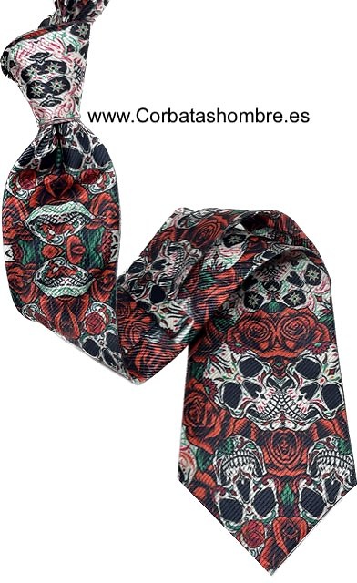 CORBATA CALAVERAS CON ROSAS ROJAS MEXICANA 