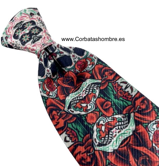 CORBATA CALAVERAS CON ROSAS ROJAS MEXICANA 