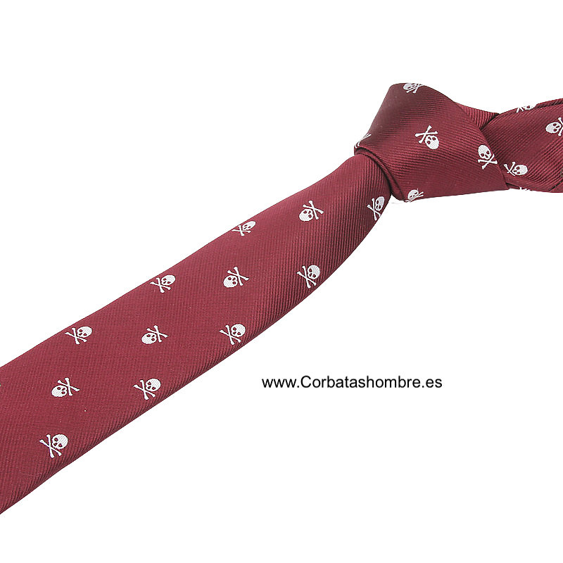 CORBATA CALAVERAS ELEGANTE Y ESTRECHAS BURDEOS 