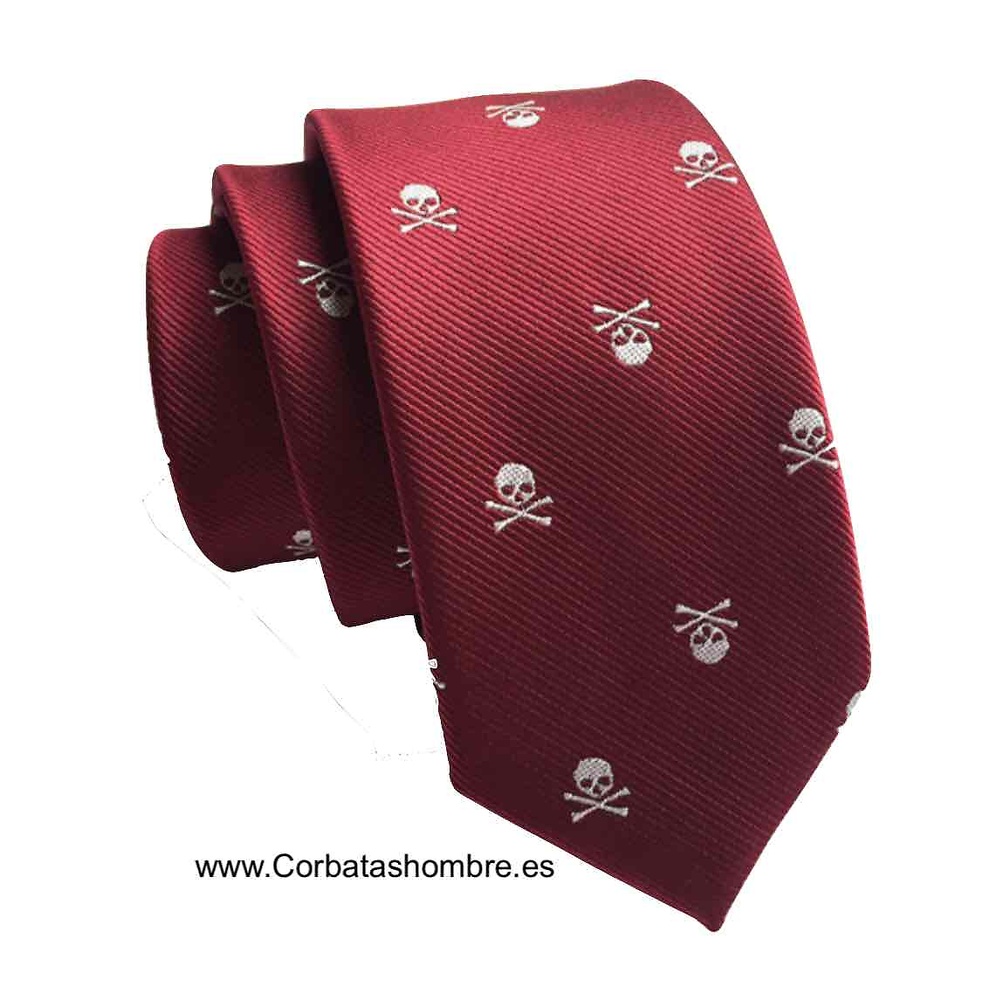 CORBATA CALAVERAS ELEGANTE Y ESTRECHAS BURDEOS 