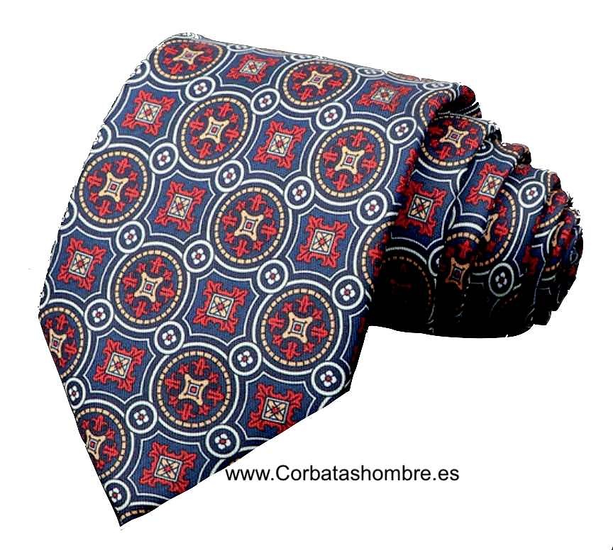 CORBATA CON DIBUJO DE MOSAICO DE ROSETONES ROJOS ENMARCADOS EN AZUL MARINO 