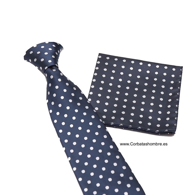 CORBATA CON PAÑUELO AZUL MARINO OSCURO CON LUNARES BLANCOS 