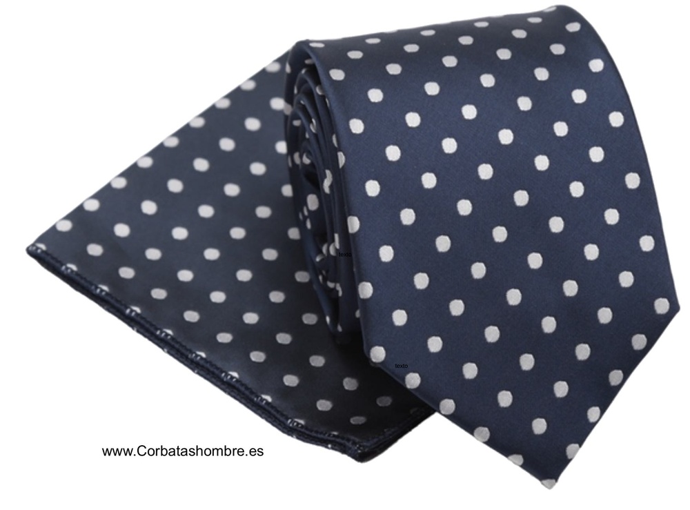 CORBATA CON PAÑUELO AZUL MARINO OSCURO CON LUNARES BLANCOS 