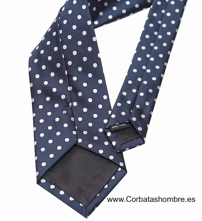 CORBATA CON PAÑUELO AZUL MARINO OSCURO CON LUNARES BLANCOS 