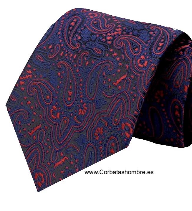 CORBATA DE CACHEMIRES ROJOS Y NEGROS Y AZUL OSCURO ELEGANTÍSIMA 