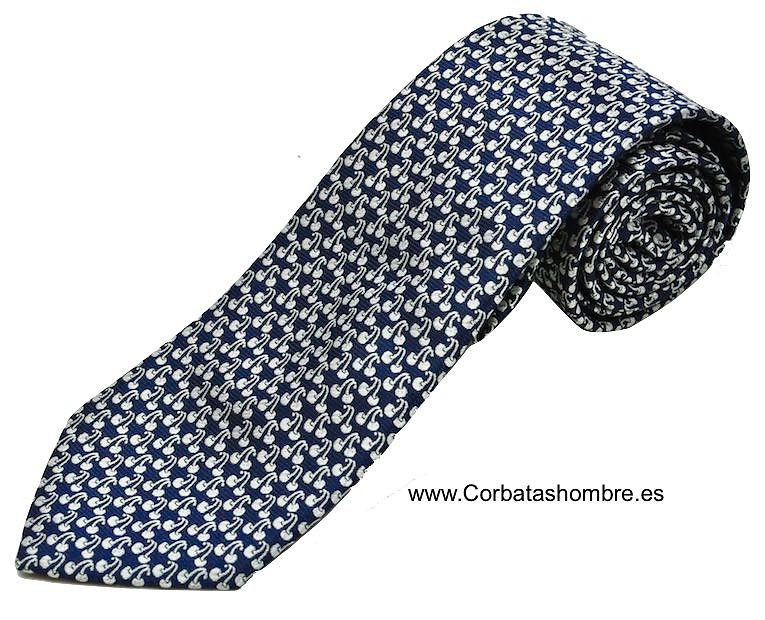 CORBATA DE CEREZAS GRIS PLATA SOFRE FONDO AZUL MARINO 