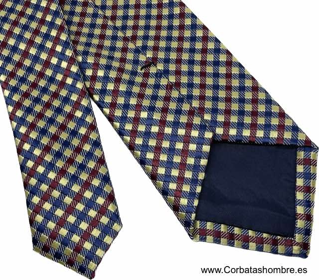 CORBATA DE CUADROS PEQUEÑOS GRANATES AMARILLOS Y AZUL OSCURO 