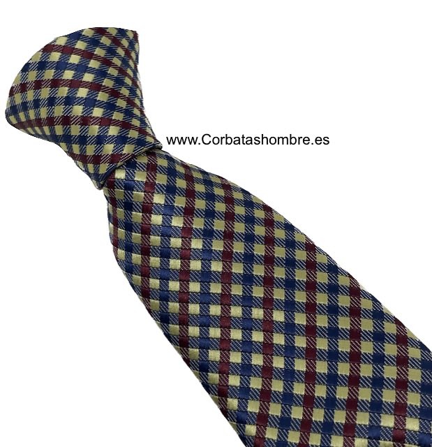 CORBATA DE CUADROS PEQUEÑOS GRANATES AMARILLOS Y AZUL OSCURO 