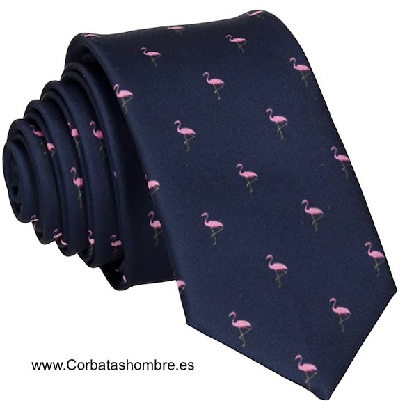 CORBATA DE FLAMENCOS ROSAS SOBRE FONDO AZUL MARINO 