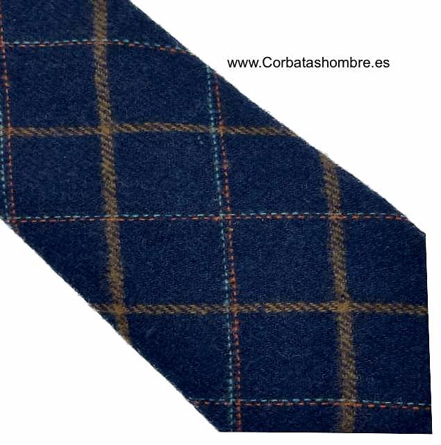 CORBATA DE LANA ESTRECHA AZUL MARINO DE CUADROS GRANDES EN OCRE NARANJA TURQUESA 