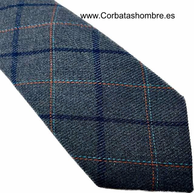 CORBATA DE LANA ESTRECHA GRIS DE CUADROS GRANDES EN NARANJA MARINO Y TURQUESA 