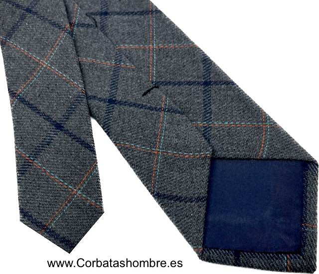 CORBATA DE LANA ESTRECHA GRIS DE CUADROS GRANDES EN NARANJA MARINO Y TURQUESA 