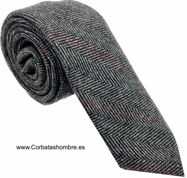 CORBATA DE LANA TELA TWEED ESPIGADA NEGRA Y BLANCA CON RAYA BURDEOS 