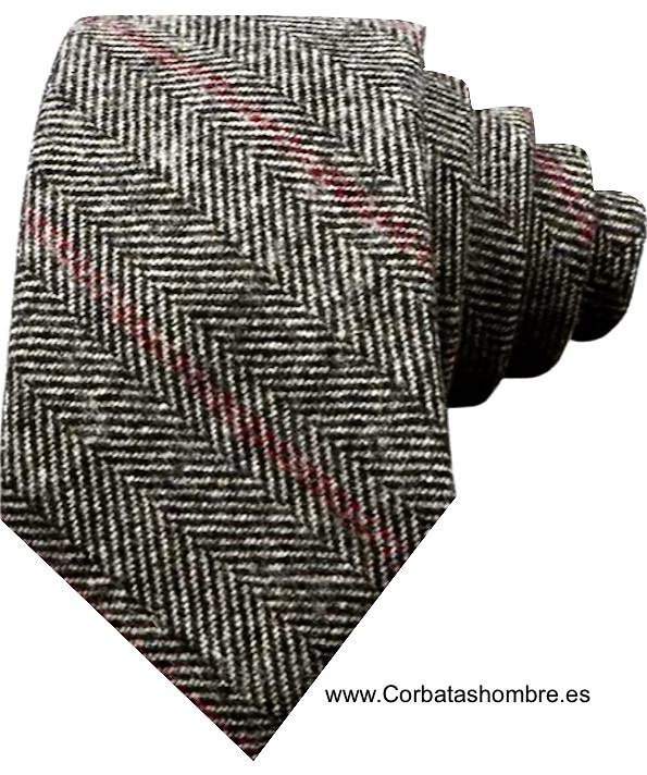 CORBATA DE LANA TELA TWEED ESPIGADA NEGRA Y BLANCA CON RAYA BURDEOS 