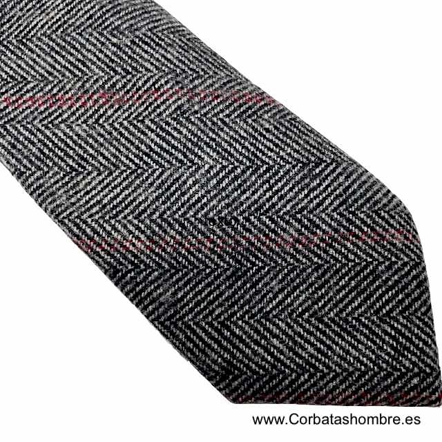 CORBATA DE LANA TELA TWEED ESPIGADA NEGRA Y BLANCA CON RAYA BURDEOS 