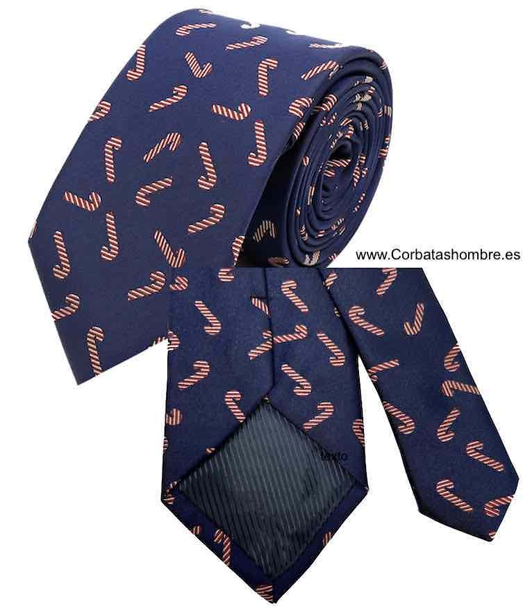 CORBATA DE NAVIDAD AZUL MARINO CON BASTONES DE CARAMELO 