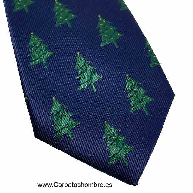 CORBATA DE NAVIDAD CON ÁRBOLES O ABETOS SOBRE FONDO AZUL 