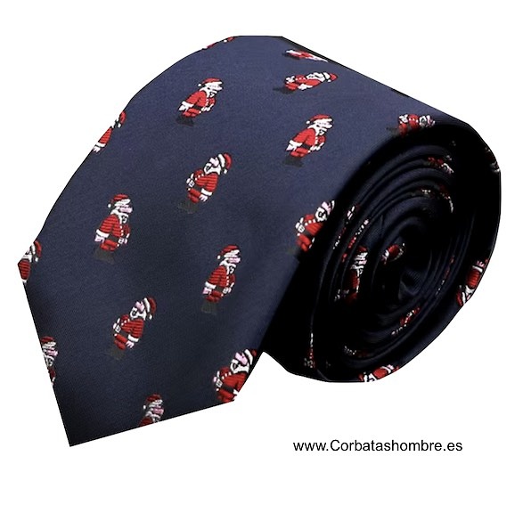 CORBATA DE NAVIDAD CON PAPAS NOELES O SANTA CLAUS SOBRE AZUL MARINO 