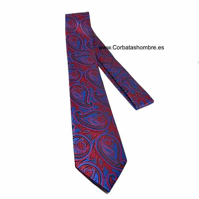 CORBATA DE ORIGINALES CACHEMIRES ROJOS Y NEGROS SOBRE FONDO AZUL ELECTRICO MUY BONITA 