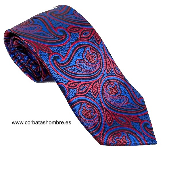 CORBATA DE ORIGINALES CACHEMIRES ROJOS Y NEGROS SOBRE FONDO AZUL ELECTRICO MUY BONITA 