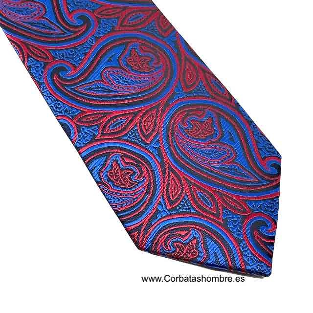 CORBATA DE ORIGINALES CACHEMIRES ROJOS Y NEGROS SOBRE FONDO AZUL ELECTRICO MUY BONITA 