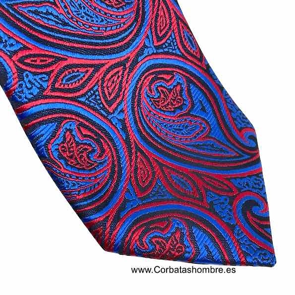 CORBATA DE ORIGINALES CACHEMIRES ROJOS Y NEGROS SOBRE FONDO AZUL ELECTRICO MUY BONITA 