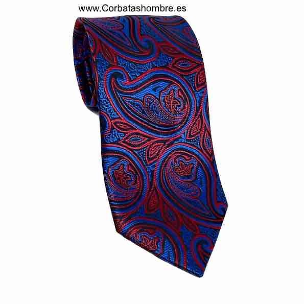 CORBATA DE ORIGINALES CACHEMIRES ROJOS Y NEGROS SOBRE FONDO AZUL ELECTRICO MUY BONITA 