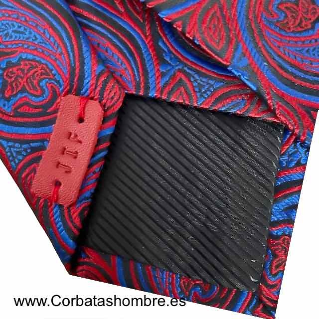 CORBATA DE ORIGINALES CACHEMIRES ROJOS Y NEGROS SOBRE FONDO AZUL ELECTRICO MUY BONITA 