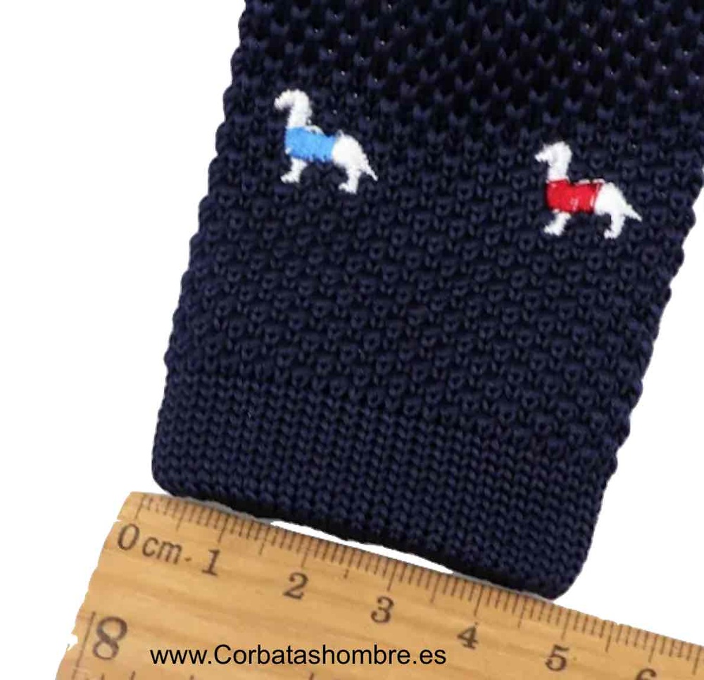 CORBATA DE PUNTO AZUL MARINO CON PERROS TECKEL DE COLORES 