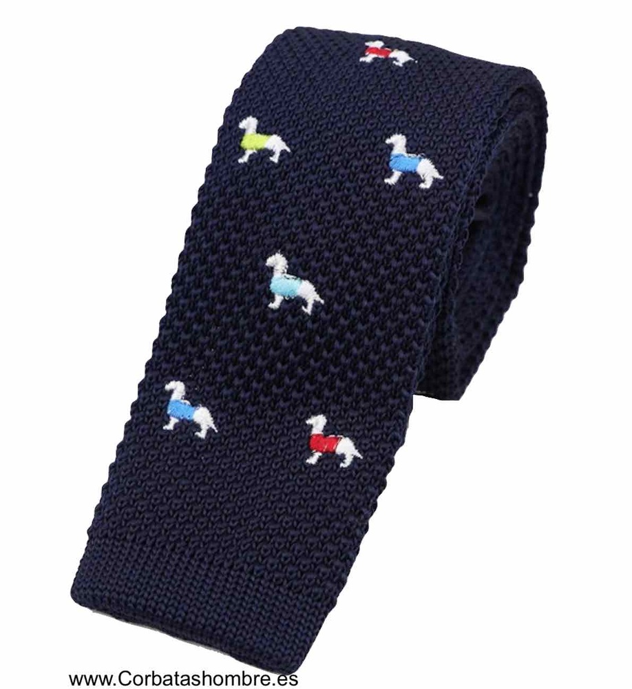 CORBATA DE PUNTO AZUL MARINO CON PERROS TECKEL DE COLORES 