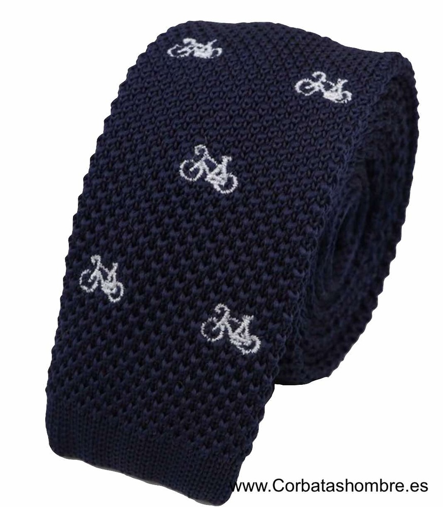 CORBATA DE PUNTO AZUL MARINO DE BICICLETAS BLANCAS 