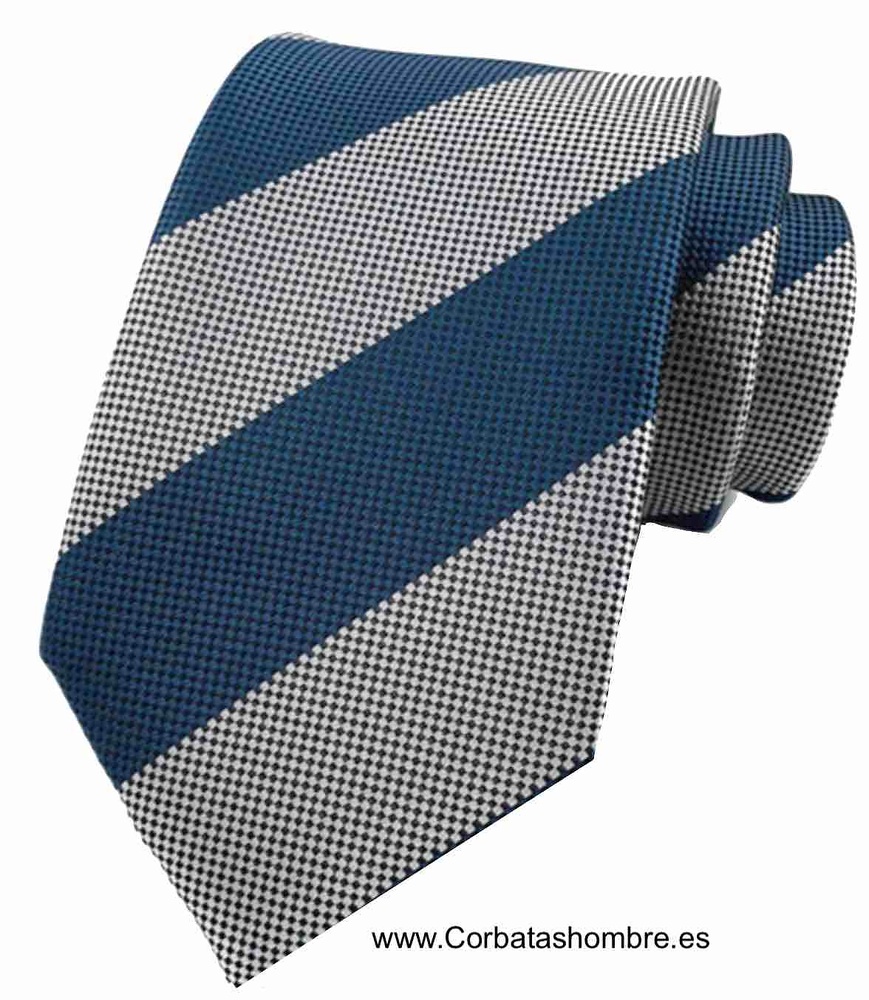 CORBATA DE RAYAS ANCHAS AZUL PRUSIA EN DIAGONAL CON TELA MICRO PATA DE GALLO 