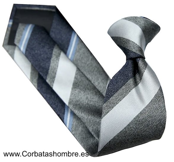 CORBATA DE RAYAS DE DISTINTOS ANCHOS EN GRISES Y AZULES 