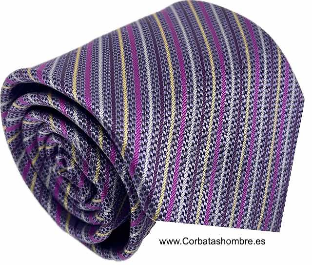 CORBATA DE RAYAS DELGADAS Y FINAS EN MORADO LILA FUCSIA Y DORADO 