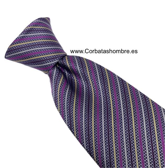 CORBATA DE RAYAS DELGADAS Y FINAS EN MORADO LILA FUCSIA Y DORADO 