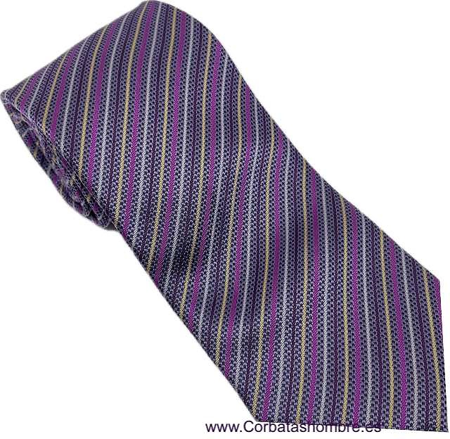 CORBATA DE RAYAS DELGADAS Y FINAS EN MORADO LILA FUCSIA Y DORADO 