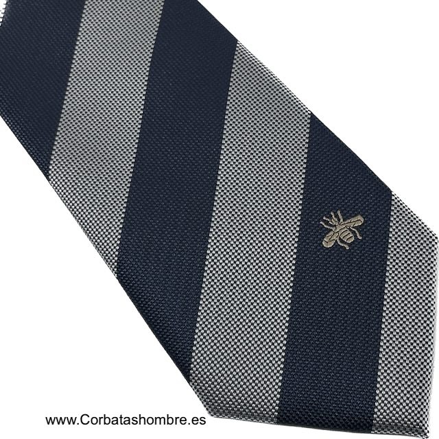 CORBATA DE RAYAS GRISES Y AZUL MARINO CON INSECTO 