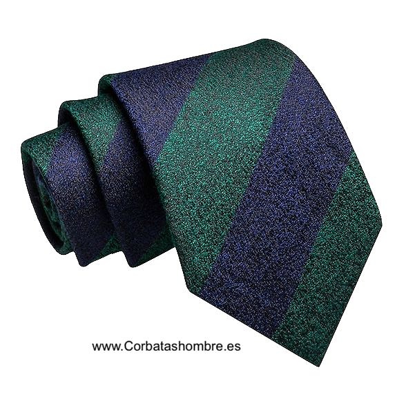 CORBATA DE RAYAS VERDES Y AZUL MARINO JASPEADA TELA EXCLUSIVA 