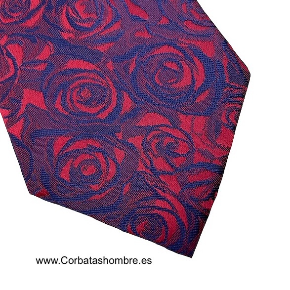 CORBATA DE ROSAS ROJAS SOBRE AZUL MARINO SEDOSA 