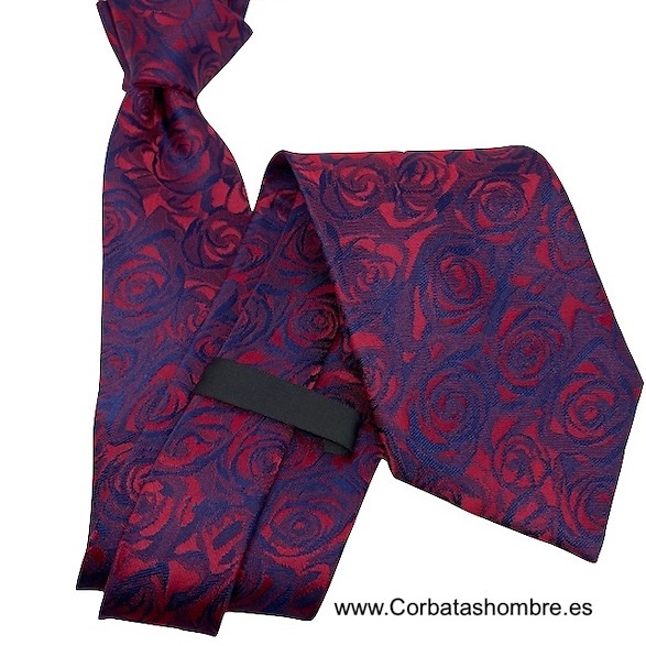 CORBATA DE ROSAS ROJAS SOBRE AZUL MARINO SEDOSA 