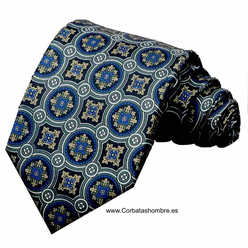 CORBATA DE ROSETONES AZULES AMARILLOS Y GRISES ENMARCADOS EN AZUL 