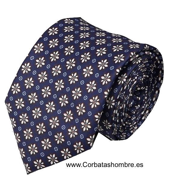 CORBATA DE SEDA AZUL CON DIBUJO DE FLORES DE OCHO PÉTALOS BLANCOS 