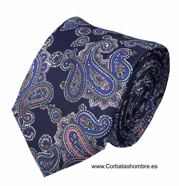 CORBATA DE SEDA AZUL MARINO CON CAHEMIRES UNIDOS CON DETALLES AZULES Y ROSA SALMÓN 