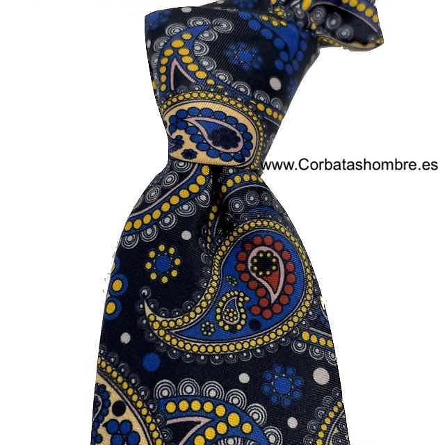 CORBATA DE SEDA NEGRA CON CACHEMIR AZUL 