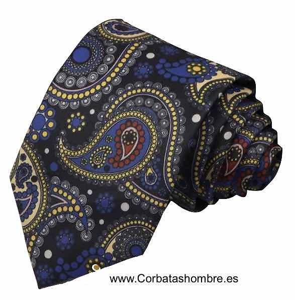 CORBATA DE SEDA NEGRA CON CACHEMIR AZUL 