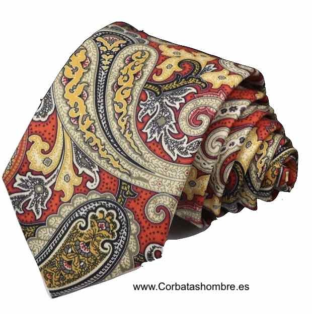 CORBATA DE SEDA ROJA CON CACHEMIR DORADOS SINGULAR 