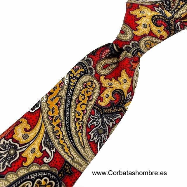 CORBATA DE SEDA ROJA CON CACHEMIR DORADOS SINGULAR 