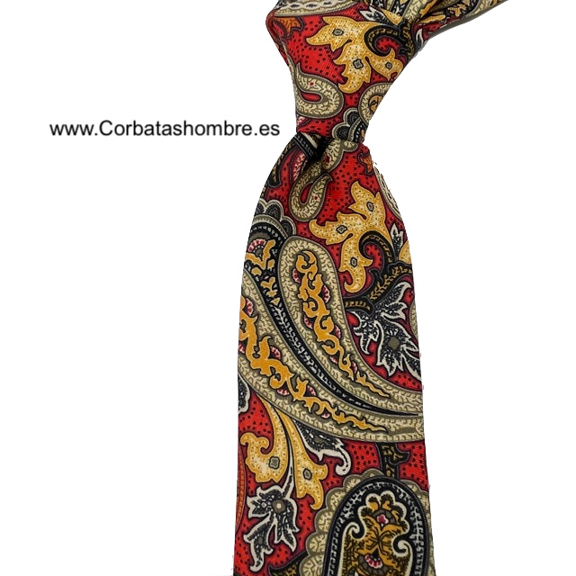 CORBATA DE SEDA ROJA CON CACHEMIR DORADOS SINGULAR 