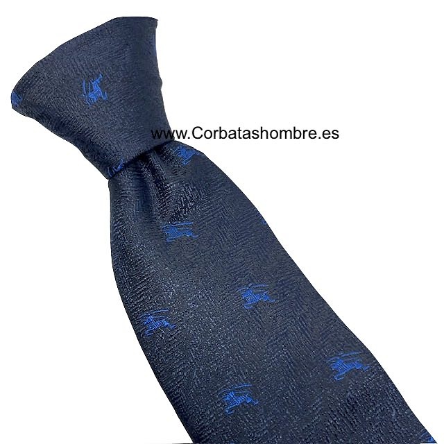 CORBATA DE TELA JASPEADA AZUL MARINO OSCURA CON CABALLEROS MEDIEVALES AZULES 